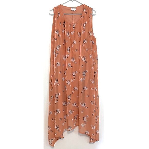 AVA & VIV Plus Size Floral Pleated Midi Dress Peach Pink Orange Hi-Lo 1X NO BELT - Picture 2 of 16